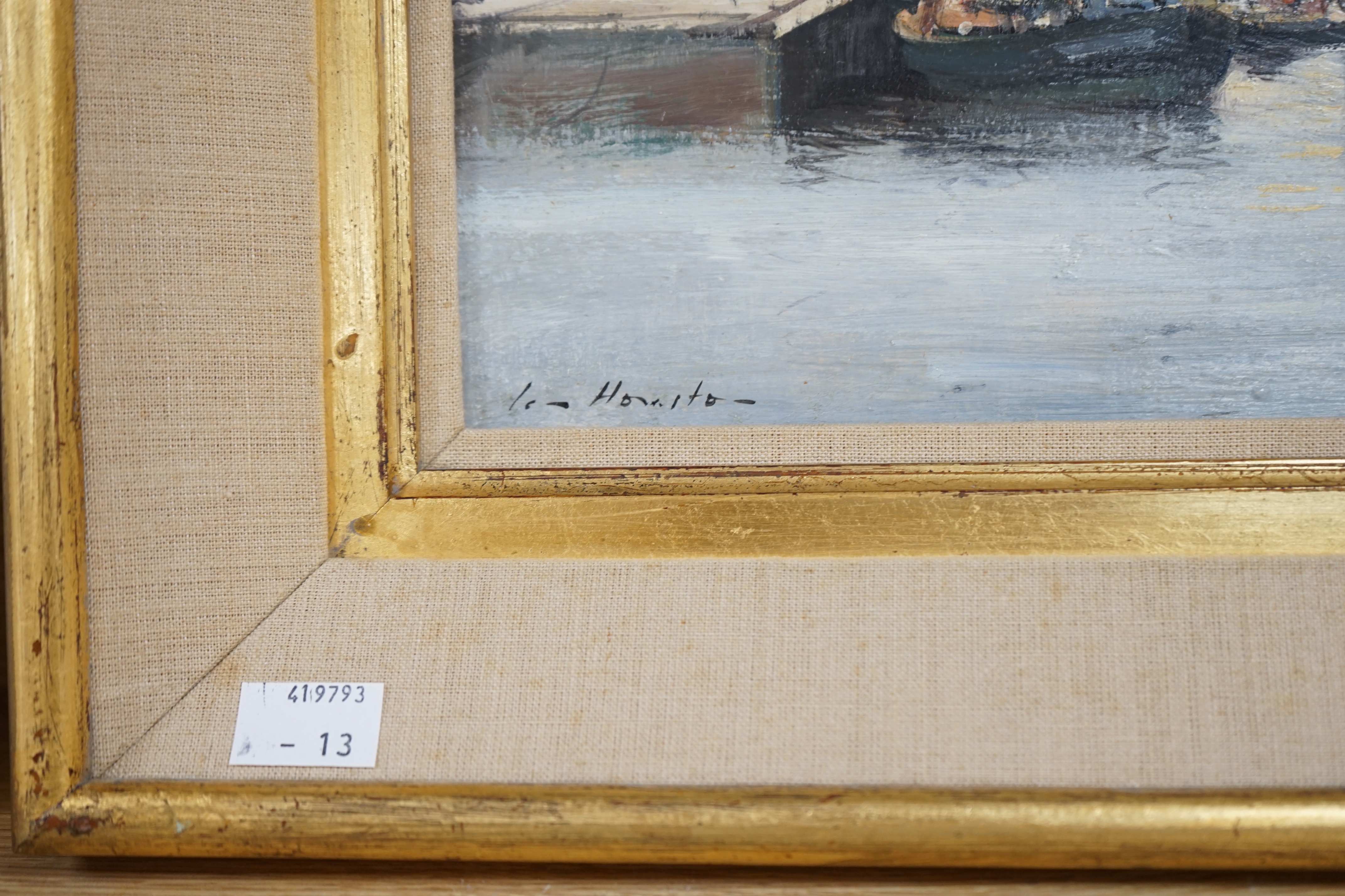 Ian Houston (1934-2021), oil on board, ‘’Honfleur Quayside’’, signed, 24 x 34.5cms